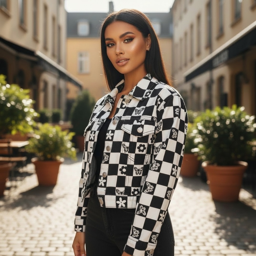Forever 21 Black and White Checkered floral Jean Jacket